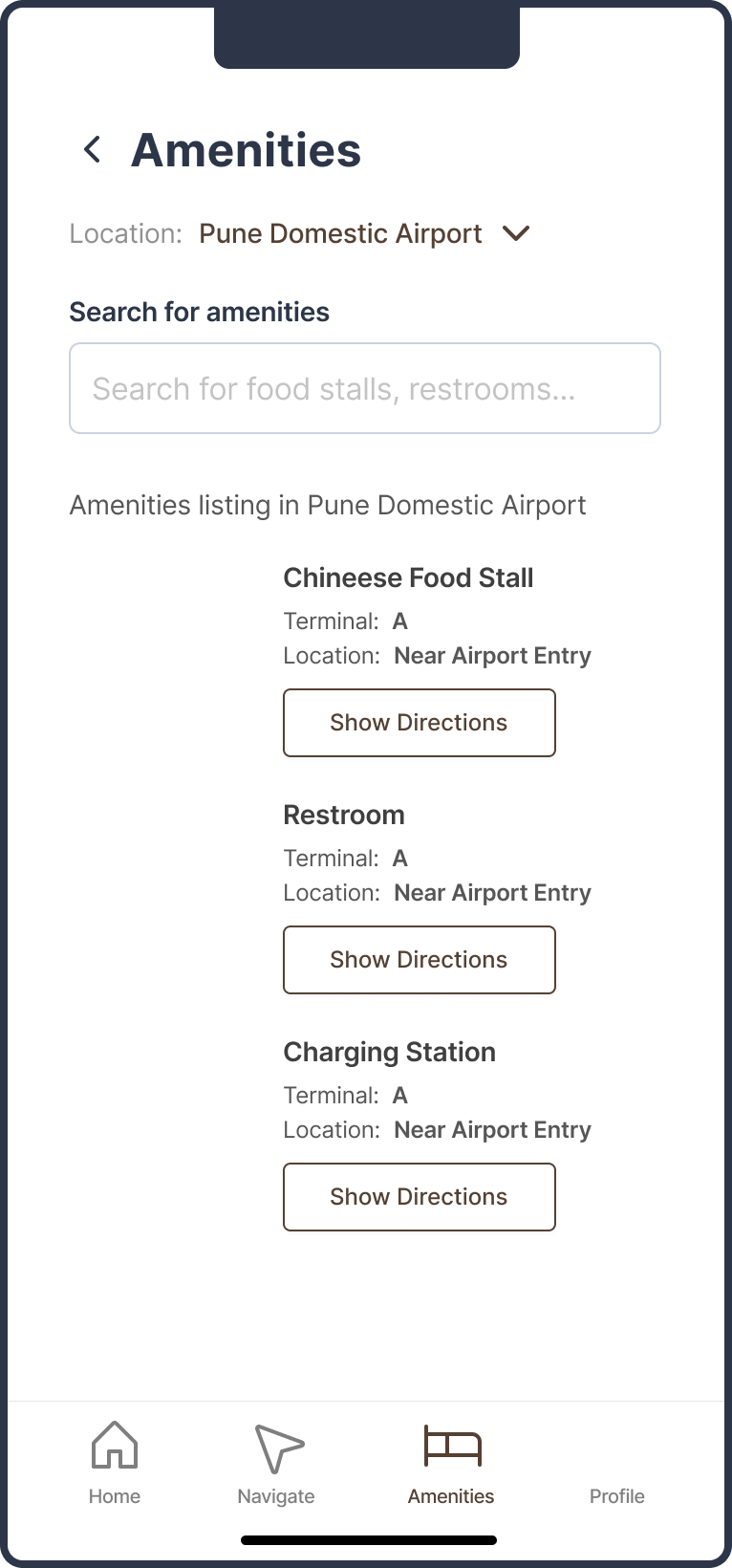 EaseAirport amenities listing with food stall, restroom, and charging station options