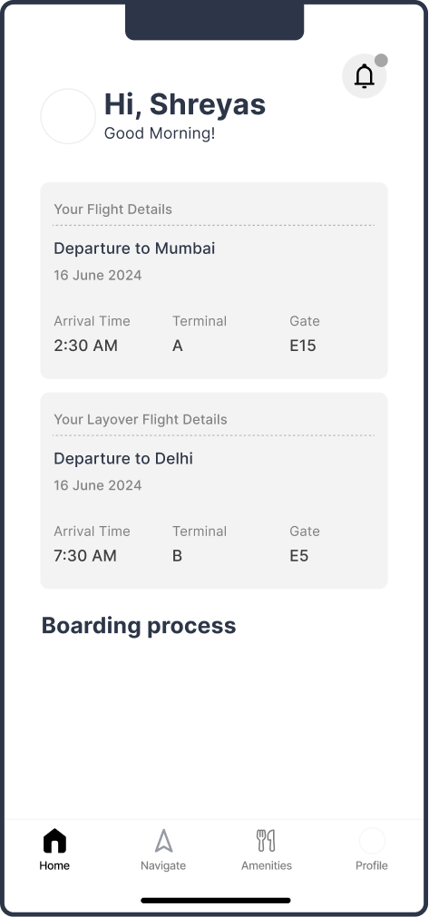 EaseAirport layover flight details on home screen
