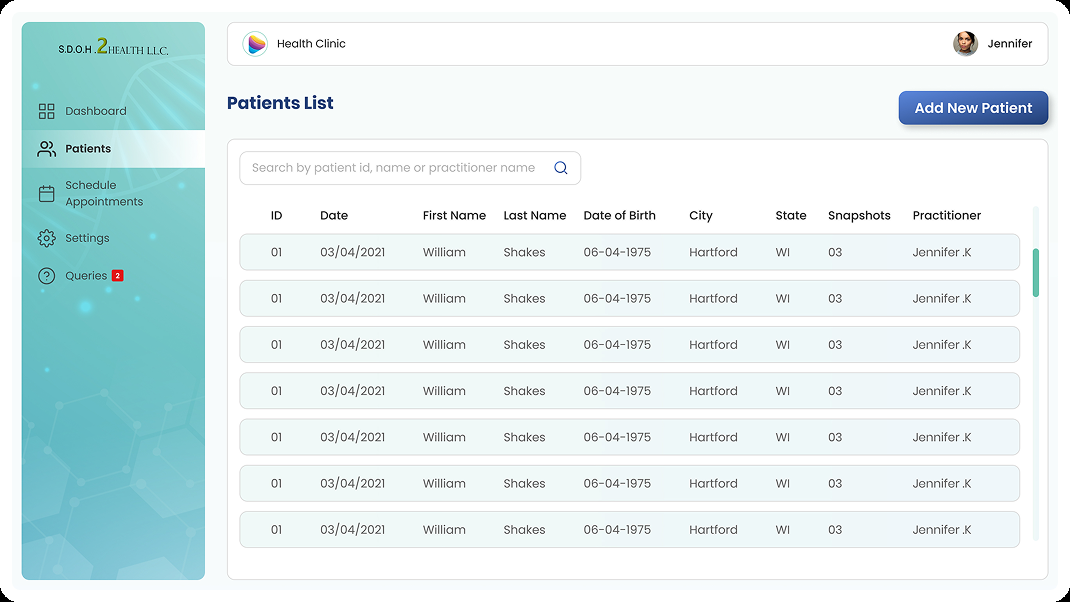 Patients list with search and practitioner assignment