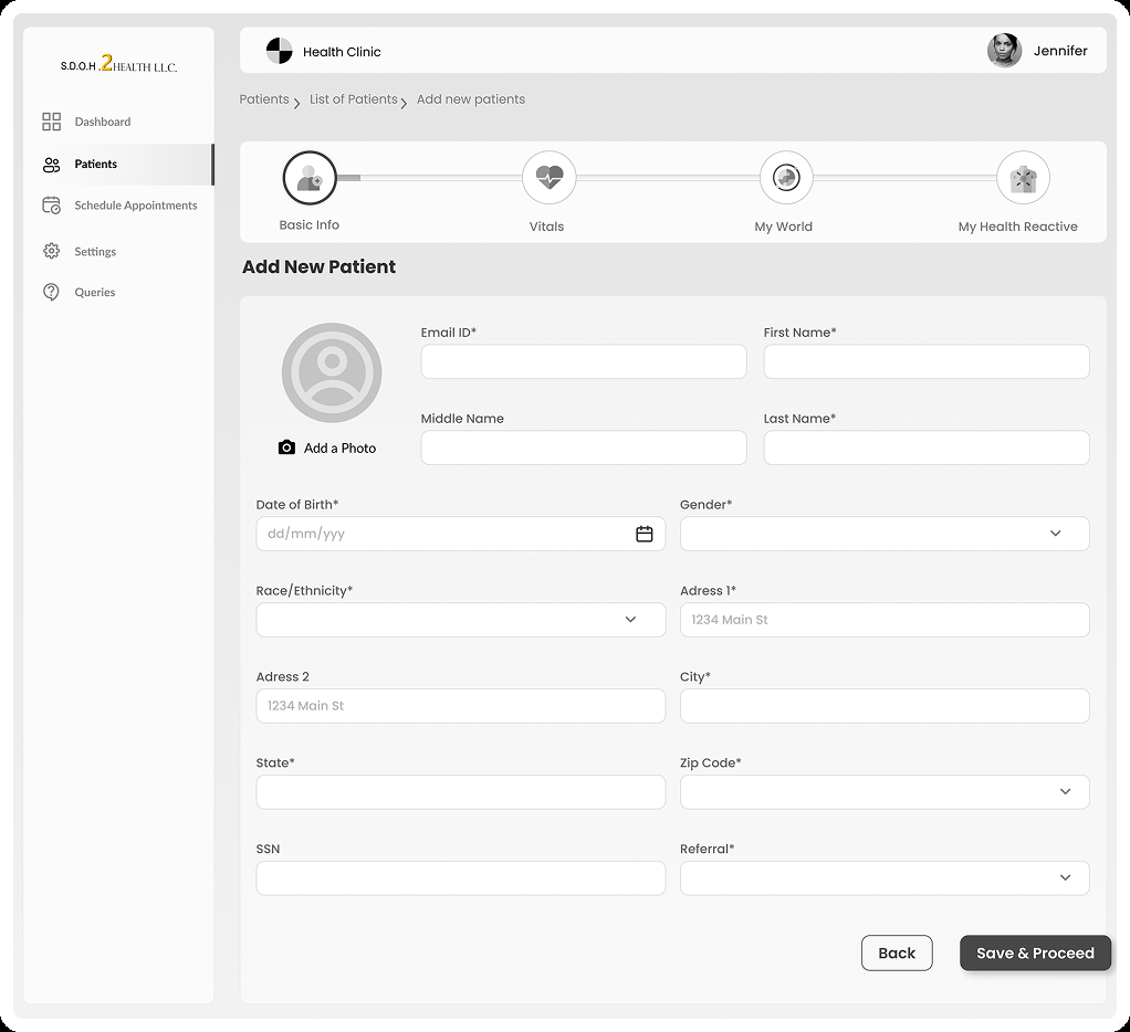 Add new patient wireframe