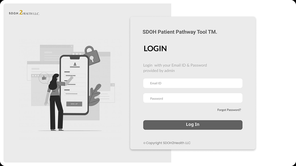 Login wireframe for SDOH Patient Pathway Tool