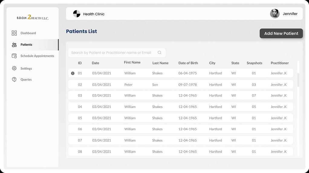 Patients list wireframe
